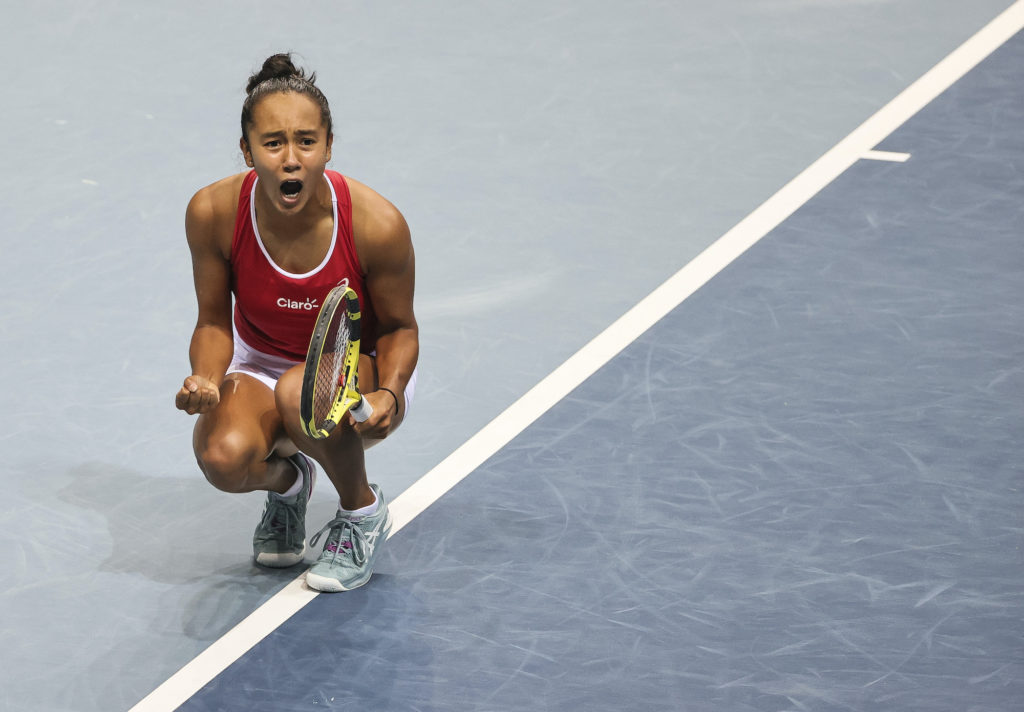 leylah fernandez celebrates winning her match at the billie jean king cup