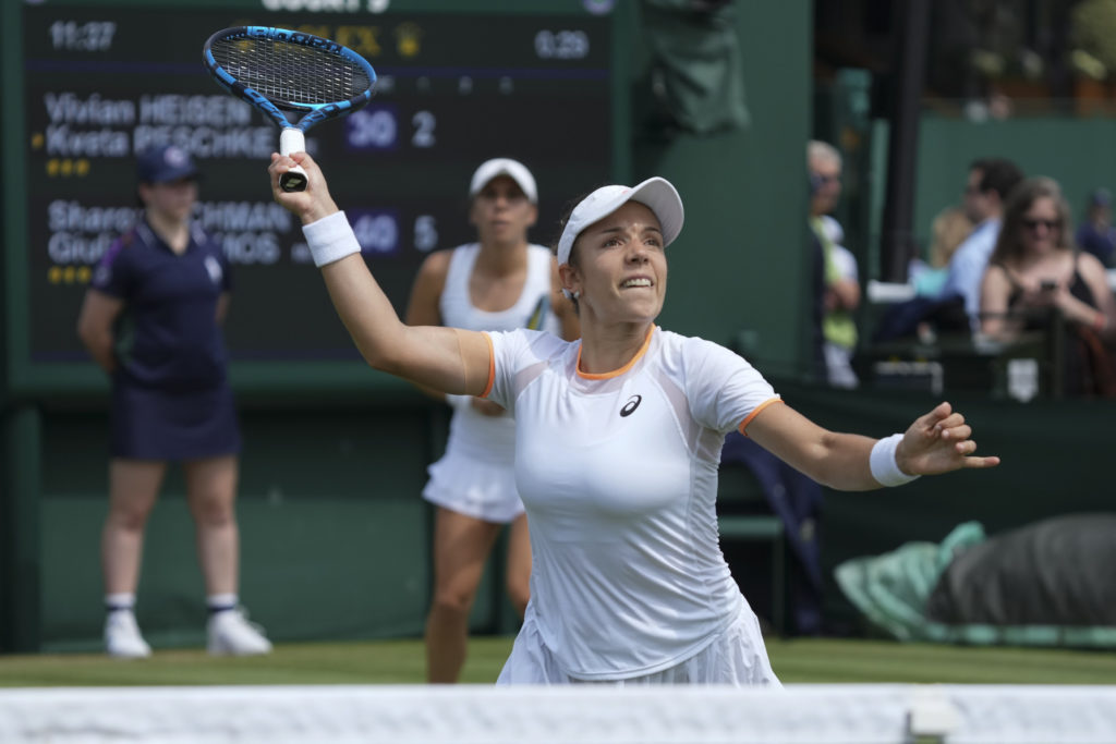 Sharon Fichman hits a volley.