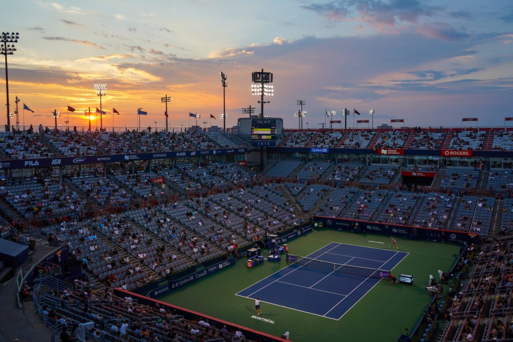 Sunset over Centre Court in Montreal during a match