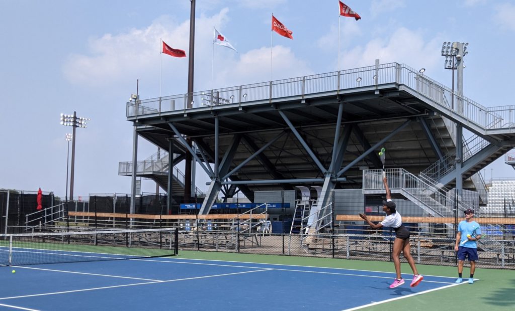 Françoise Abanda practices at the National Tennis Centre in Montreal