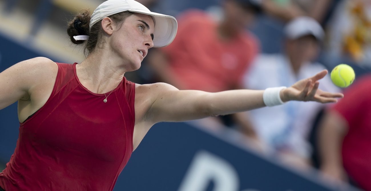Rebecca Marino serves during the 2021 US Open first round