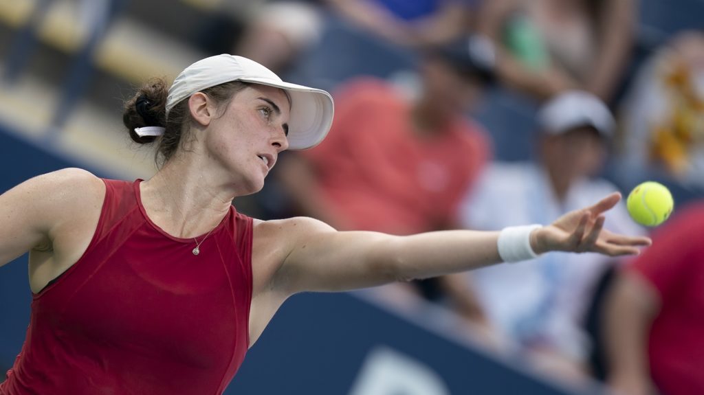 Rebecca Marino serves during the 2021 US Open first round