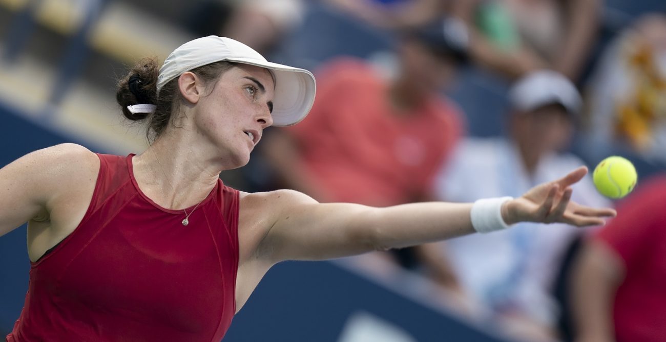 Rebecca Marino serves during the 2021 US Open first round