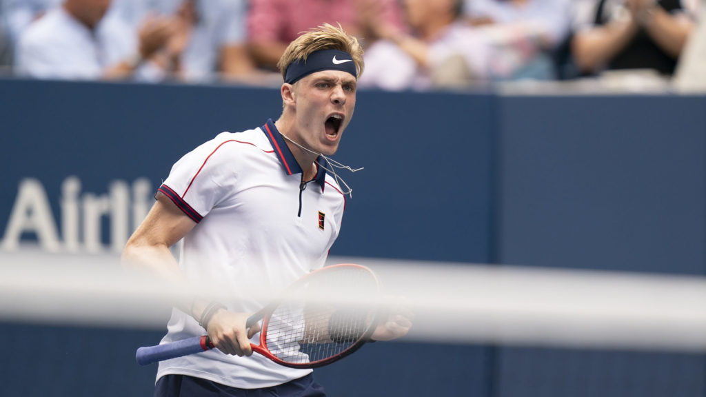 Denis Shapovalov celebrates winning a point at the 2021 US Open