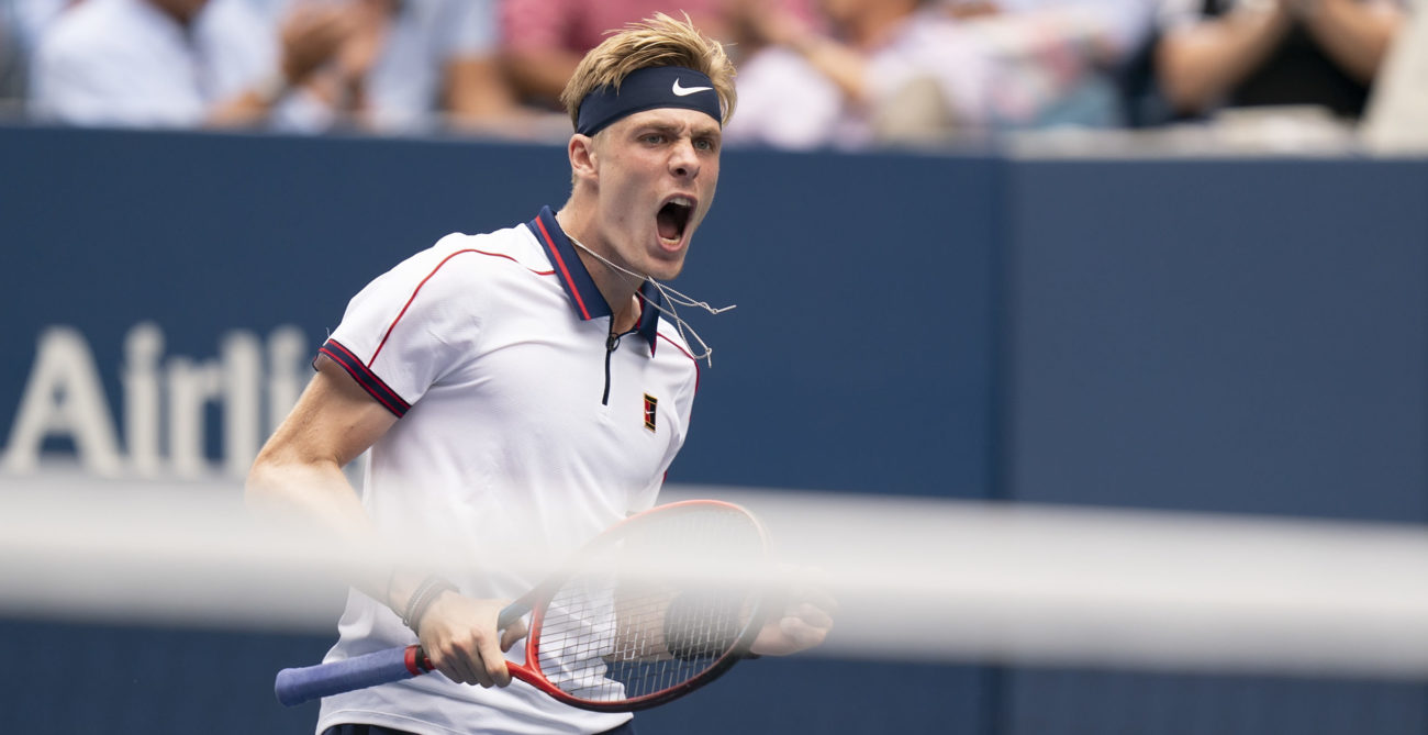 Denis Shapovalov celebrates winning a point at the 2021 US Open