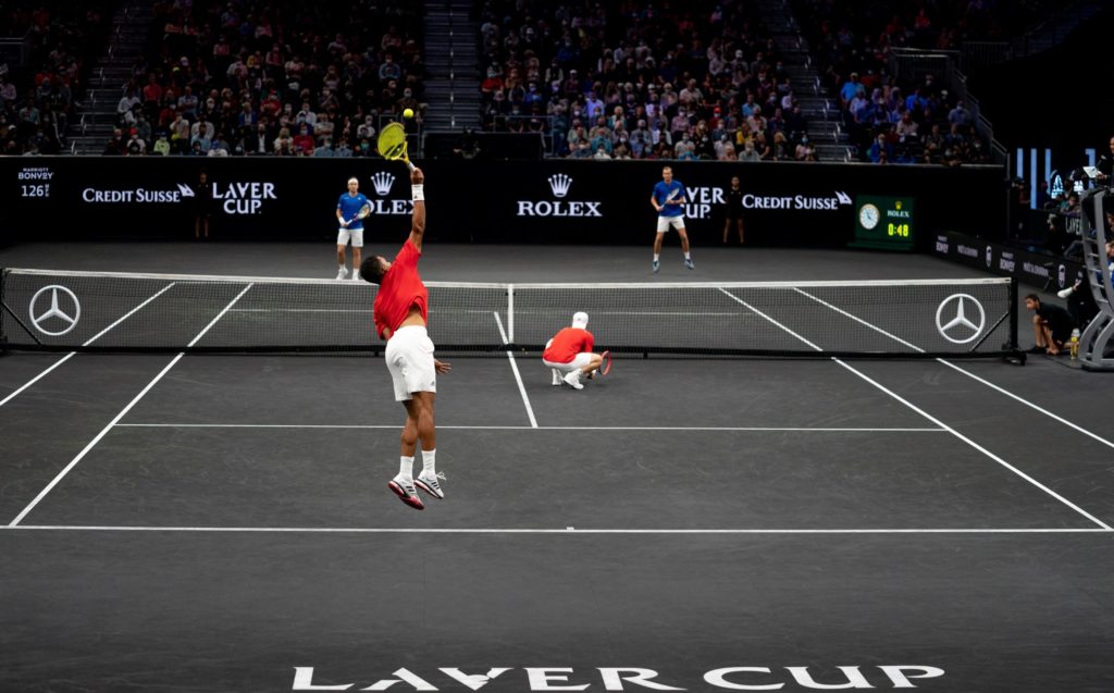 Felix Auger-Aliassime serve at Laver Cup doubles