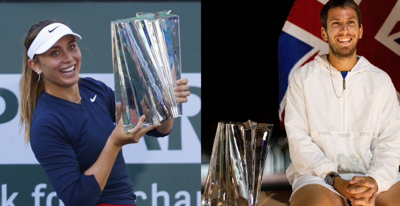 Photo Montage of Paula Badosa and Cameron Norrie with the Indian Wells Trophy