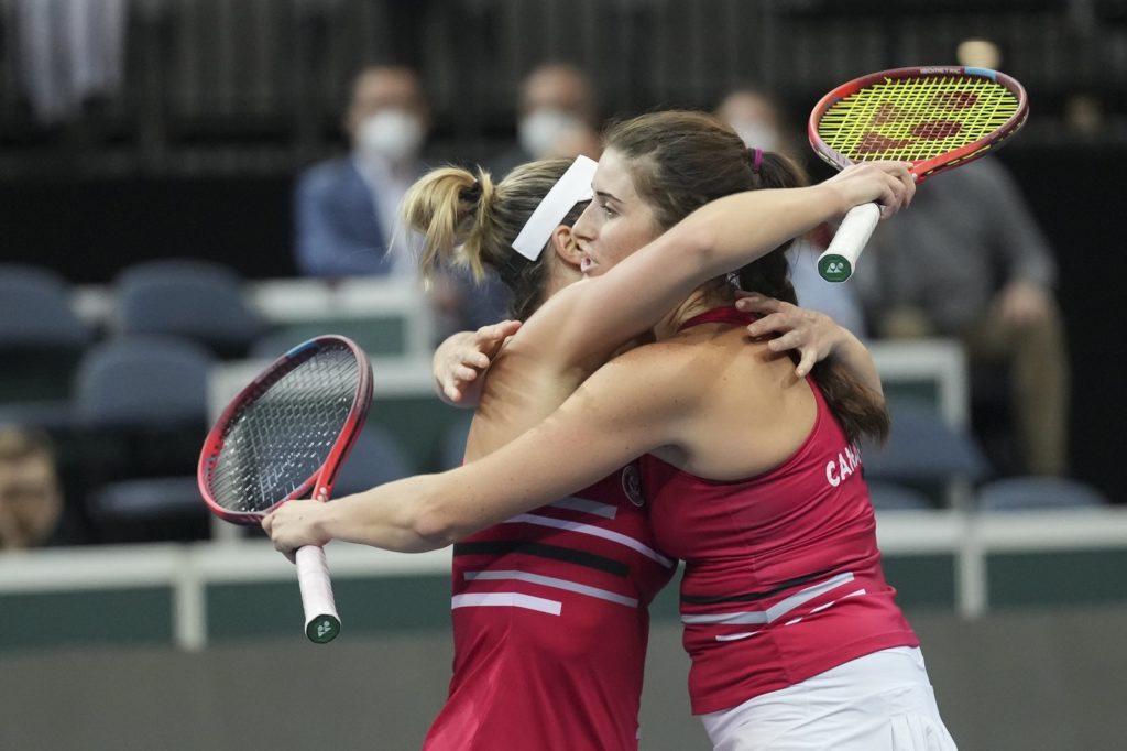 Dabrowski Marino doubles win 2021 Billie Jean King Cup Finals celebrate