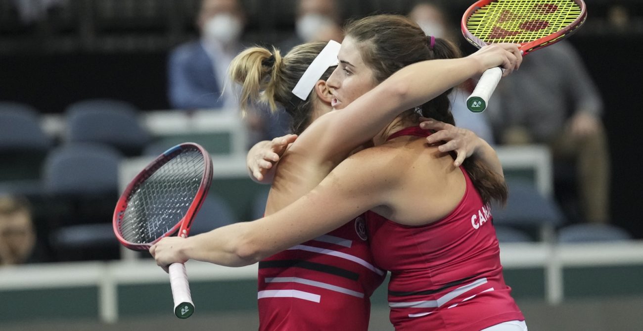 Dabrowski Marino doubles win 2021 Billie Jean King Cup Finals celebrate