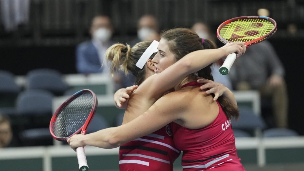 Dabrowski Marino doubles win 2021 Billie Jean King Cup Finals celebrate