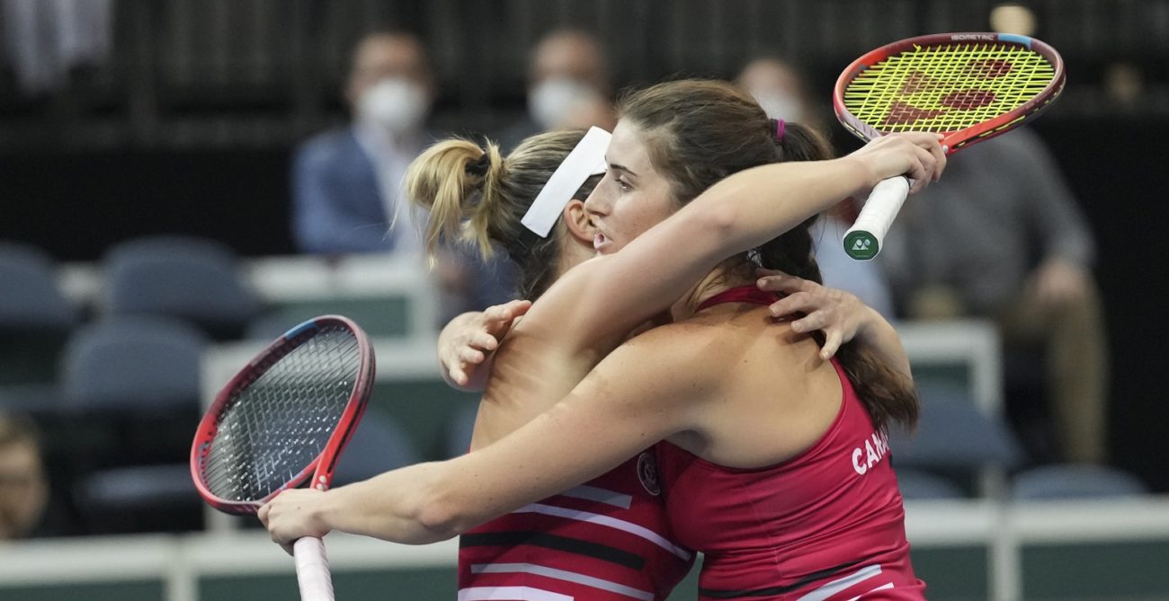 Dabrowski Marino doubles win 2021 Billie Jean King Cup Finals celebrate