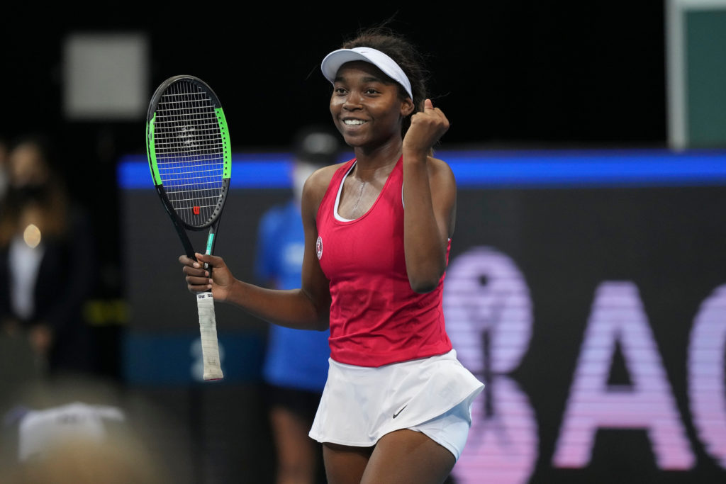 Francoise Abanda celebrates a win