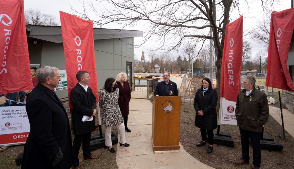 Tennis Canada CEO Micheal Downey speaks at an event in the tennis club in Ancaster