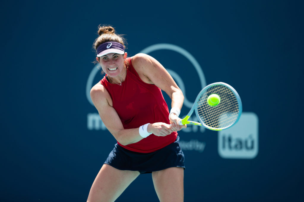 Rebecca Marino hits a backhand.