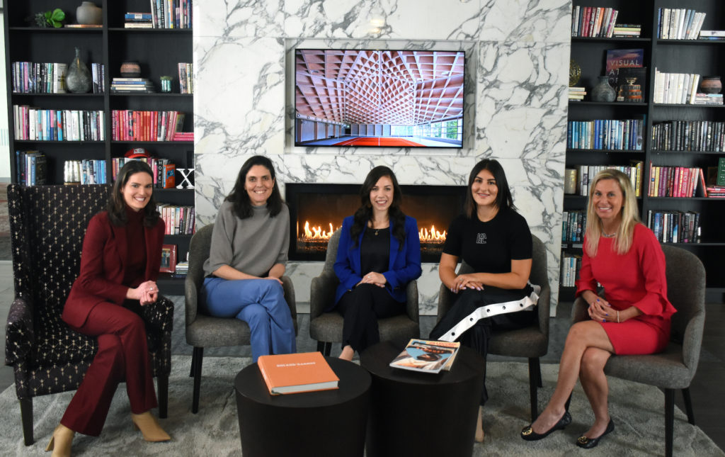 Caroline Cameron, Vanessa Webb, Sharon Fichman, Bianca Andreescu and Jennifer Bishop sit in a semi-circle and smile at the camera.