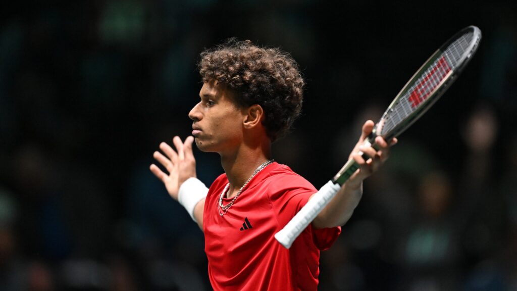 Gabriel Diallo celebrates his Davis Cup win.