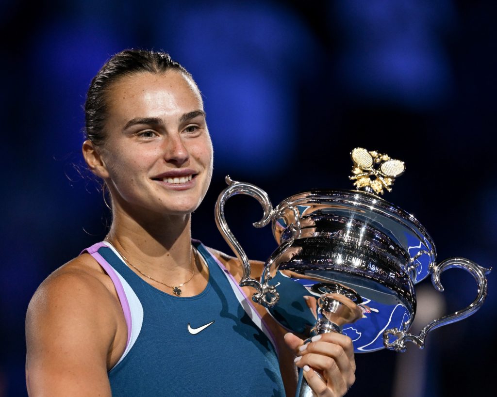 Aryna Sabalenka holds the Australian Open trophy.