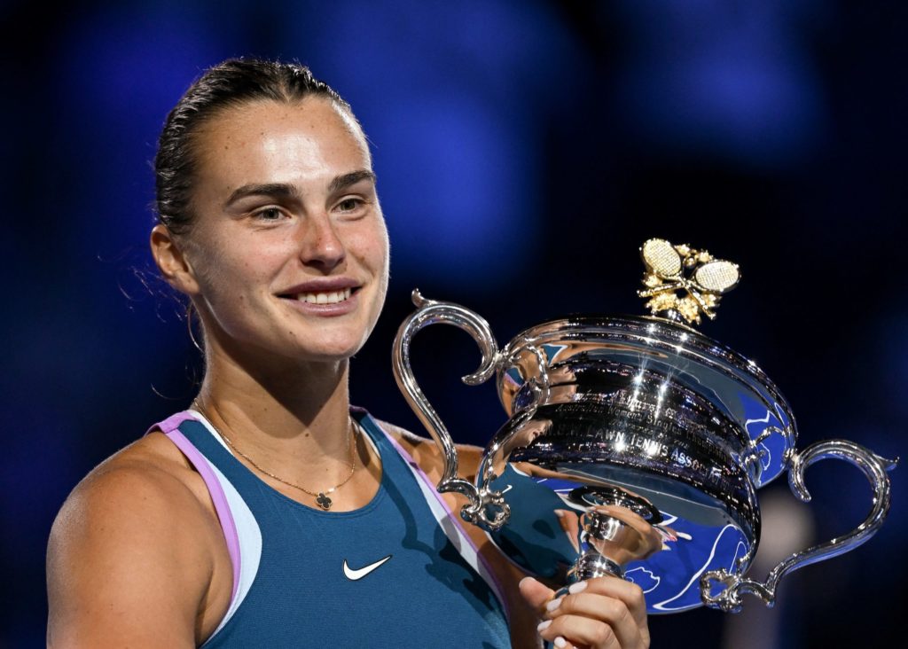 Aryna Sabalenka holds the Australian Open trophy.