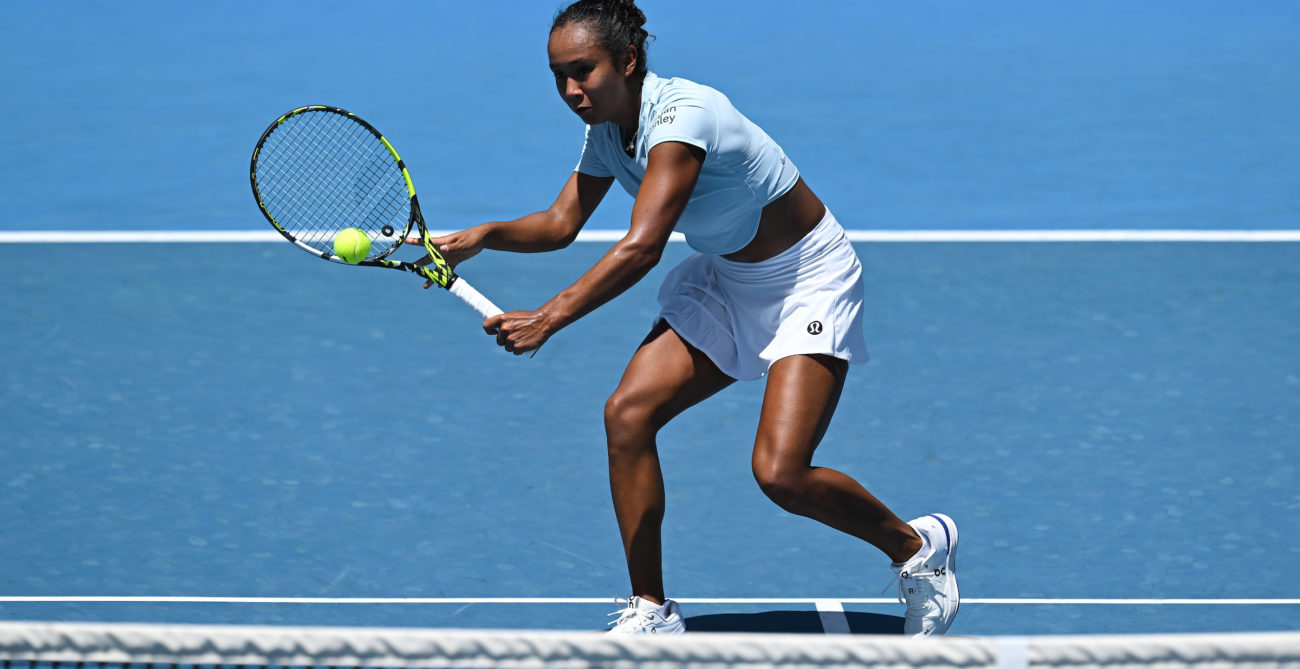 Leylah Fernandez hits a backhand volley.