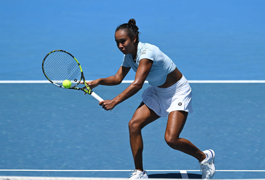 Leylah Fernandez hits a backhand volley.