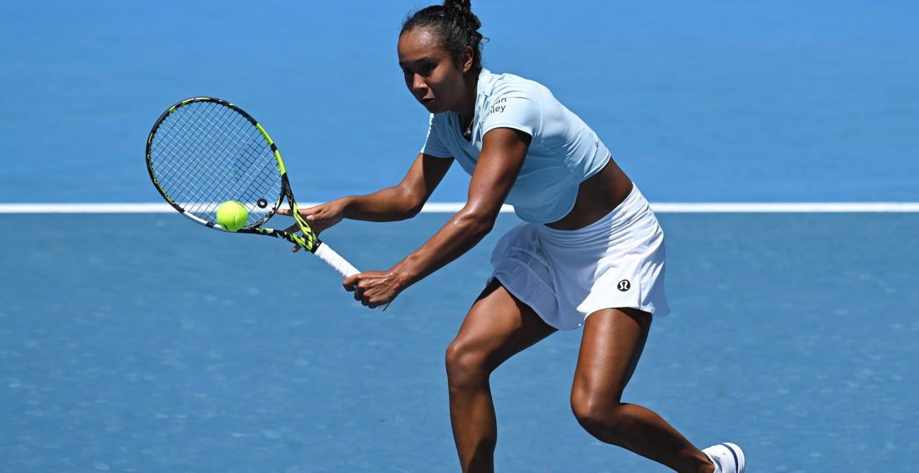 Leylah Fernandez hits a backhand volley.