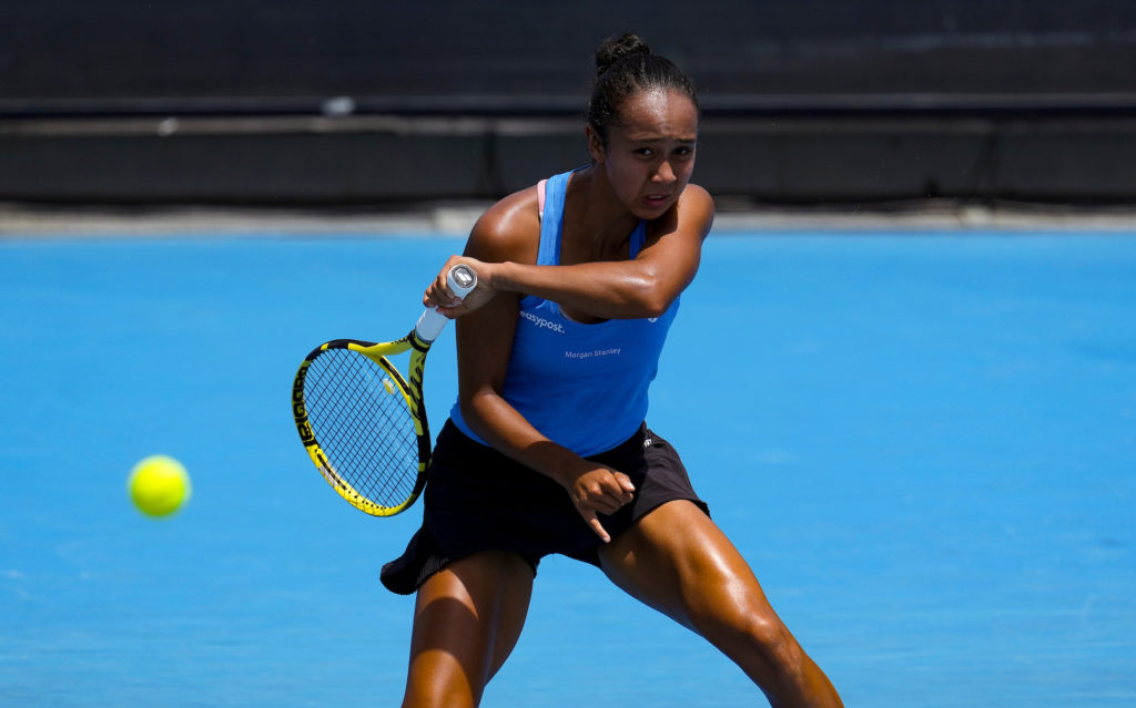 Leylah Fernandez follows through on a forehand.