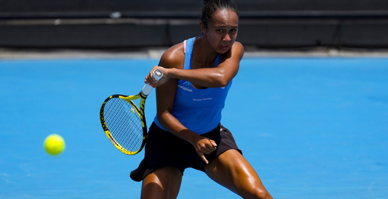 Leylah Fernandez follows through on a forehand.