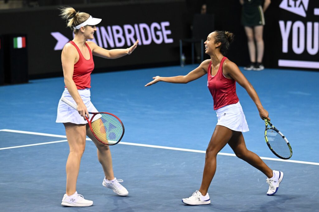 leylah annie fernandez and gabrieal dabrowski high five glasgow