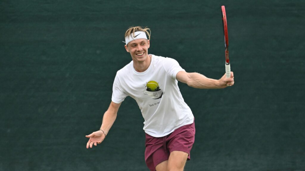Denis Shapovalov hits a backhand and smiles.