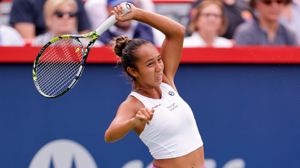 Leylah Fernandez follows through on a forehand,