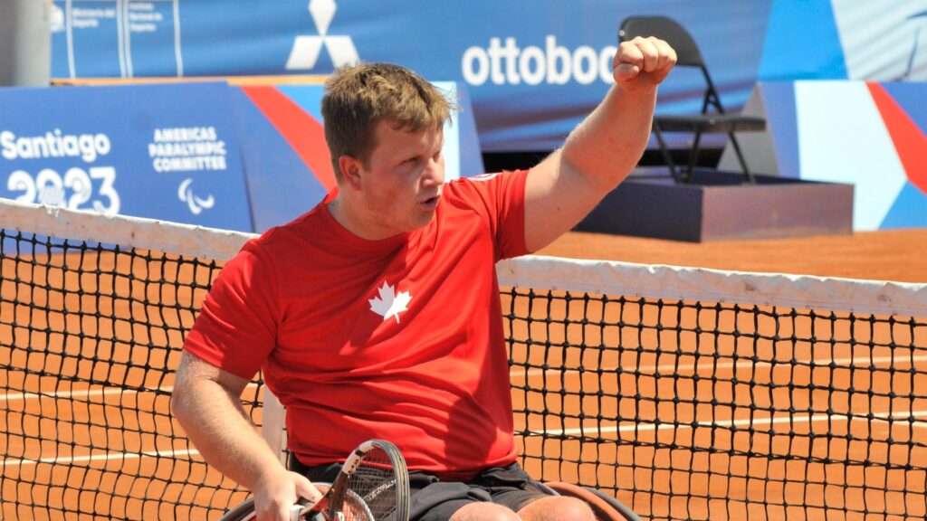 Thomas Venos pumps his fist after winning his first match at the Parapan Am Games.