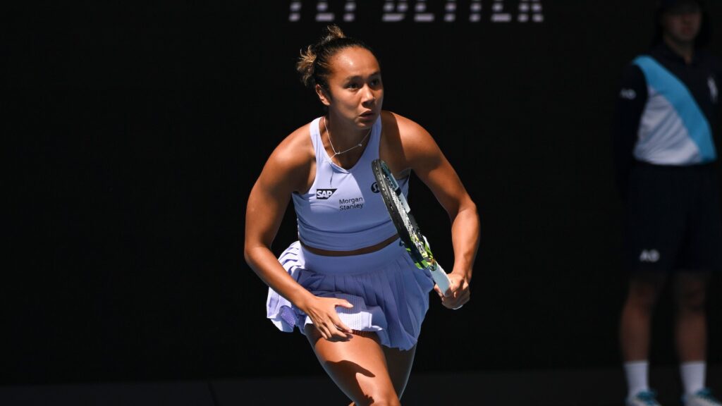 Leylah Fernandez runs to a ball during her first match at the Australian Open. Felix Auger-Aliassime also won his match.