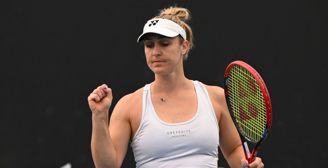 Gabriela Dabrowski pumps her fist. She is competing this week in Dubai.