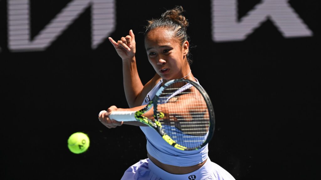 Leylah Fernandez hits a forehand. She upset Liudmila Samsonova in Doha on Monday.