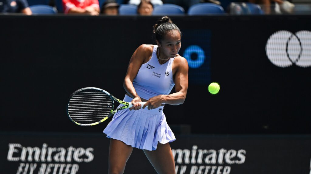 Leylah Fernandez hits a backhand. She lost to Elena Rybakina in the Doha quarter-finals.