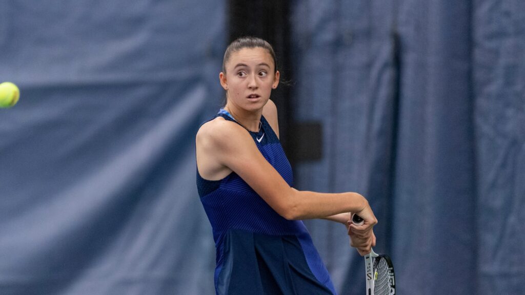 Ana Grubor winds up to hit a backhand. She leads the Canadians this week in Brossard.