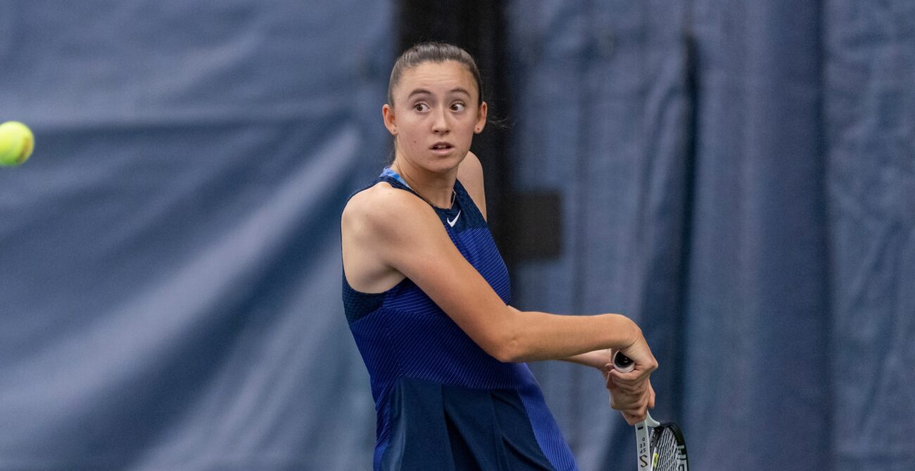 Ana Grubor winds up to hit a backhand. She leads the Canadians this week in Brossard.