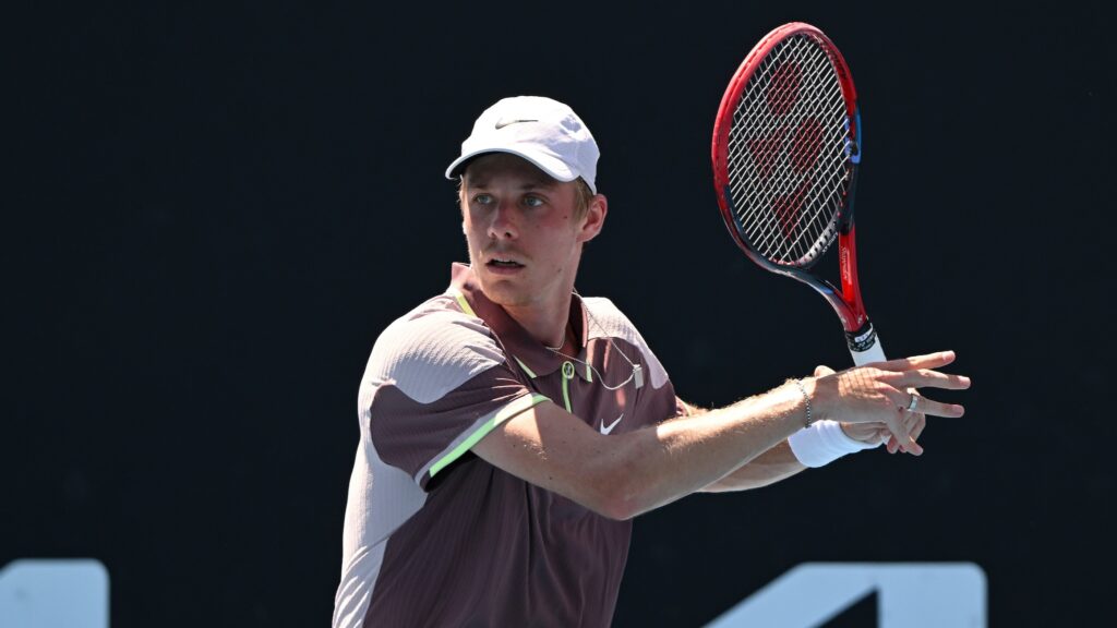 Denis Shapovalov winds up to hit a forehand. He lost in Indian Wells to Lorenzo Musetti on Saturday.