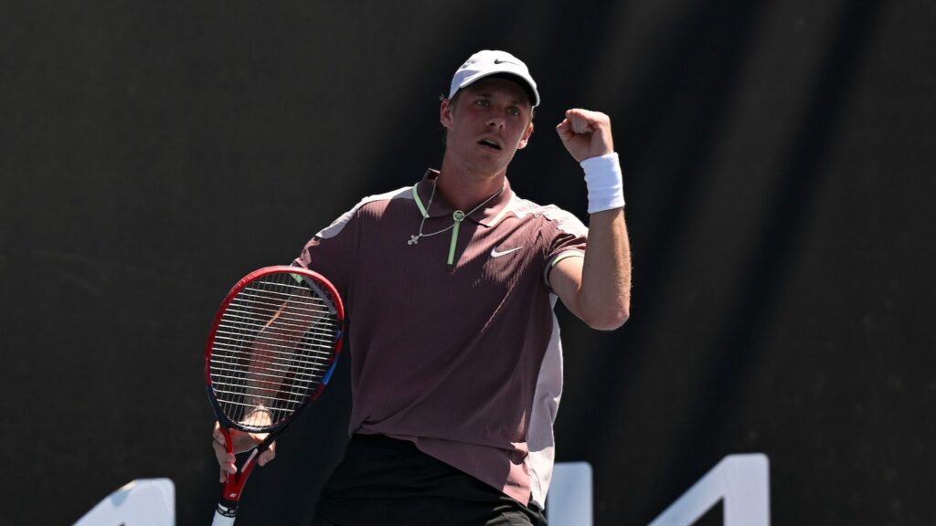 Denis Shapovalov pumps his fist. He won his opening match at the Miami Open on Wednesday.