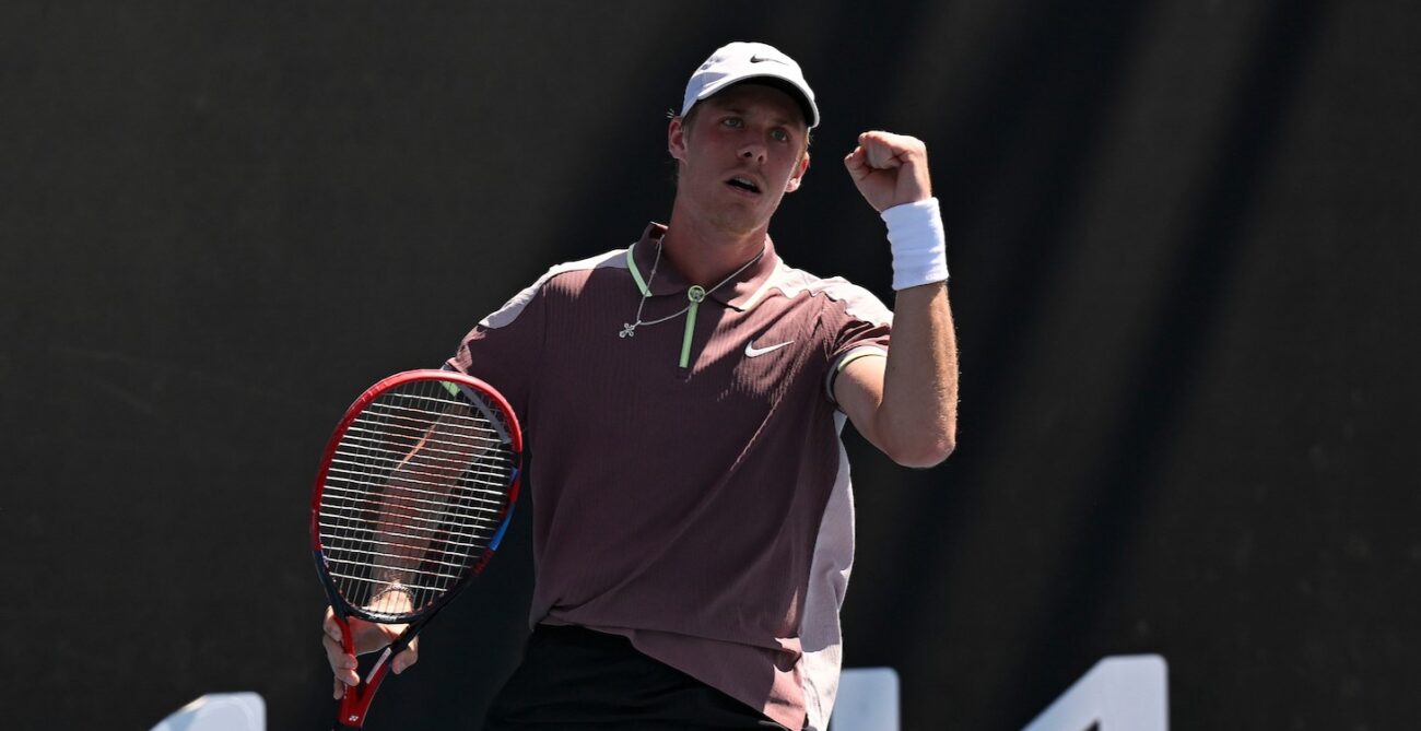 Denis Shapovalov pumps his fist. He won his opening match at the Miami Open on Wednesday.