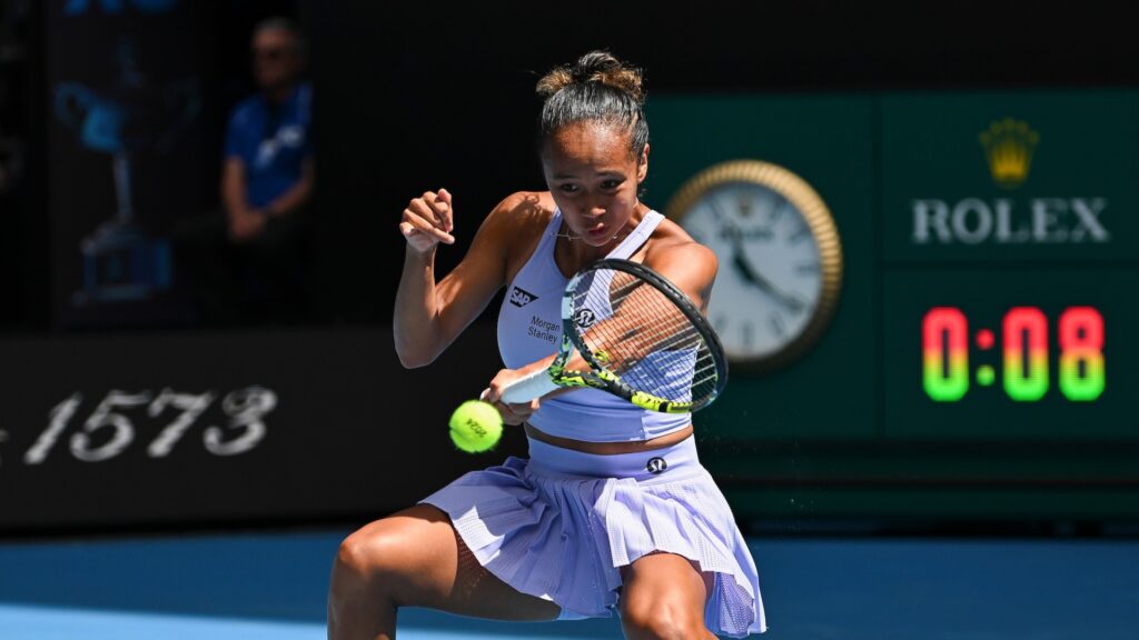 Leylah Fernandez hits a forehand. She was eliminated from Indian Wells on Saturday along with Milos Raonic.