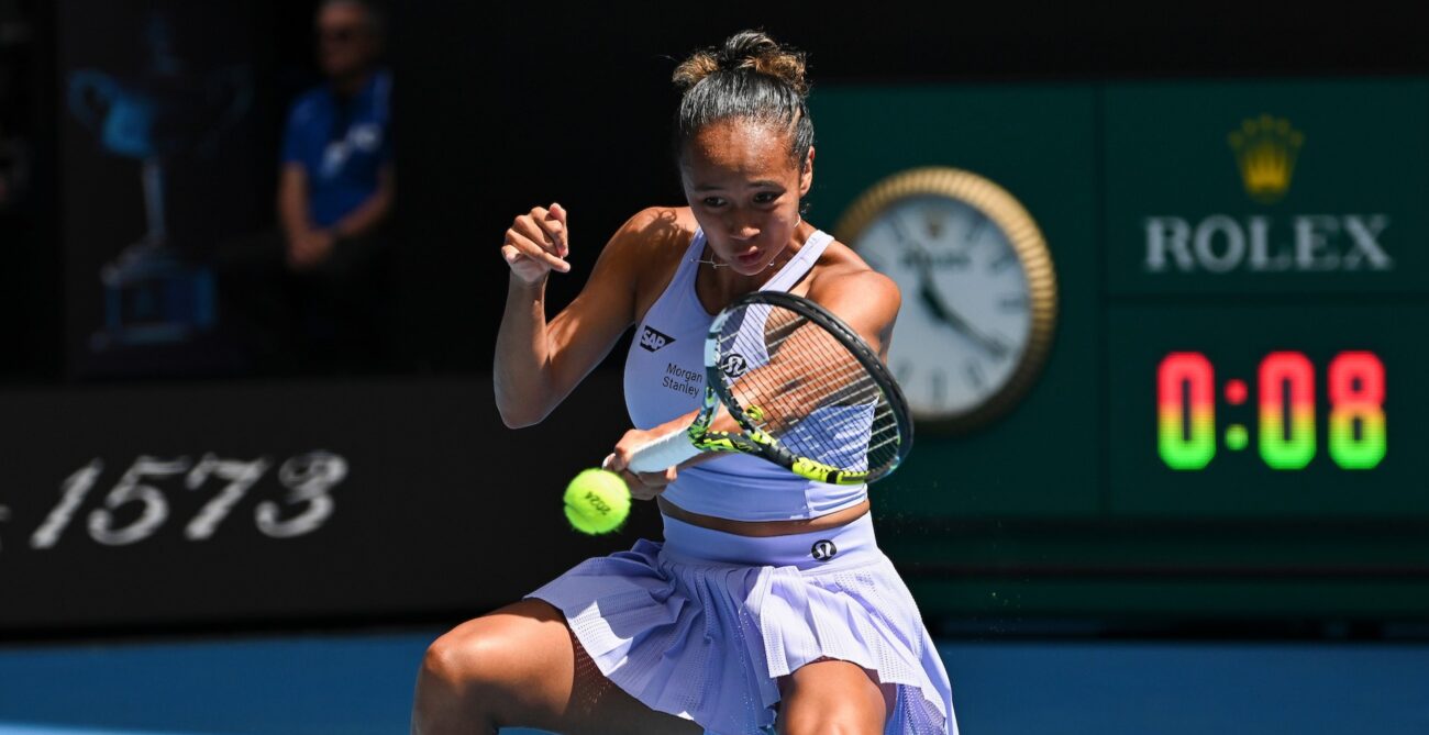Leylah Fernandez hits a forehand. She was eliminated from Indian Wells on Saturday along with Milos Raonic.