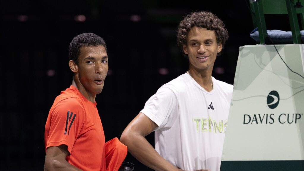 Felix Auger-Aliassime and Gabriel Diallo react to a shot in practice. They will both be part of Team Canada in Manchester at the Davis Cup this week.