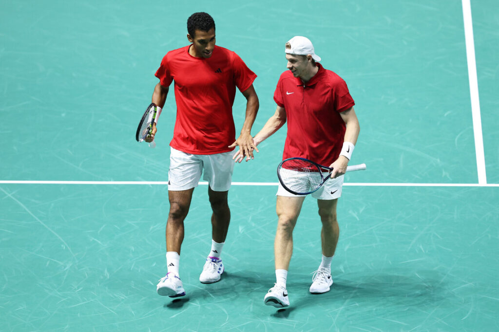 MANCHESTER, ENGLAND - SEPTEMBER 12: Felix Auger Aliassime and Denis Shapovalov of Canada celebrate during the 2024 Davis Cup Finals Group Stage