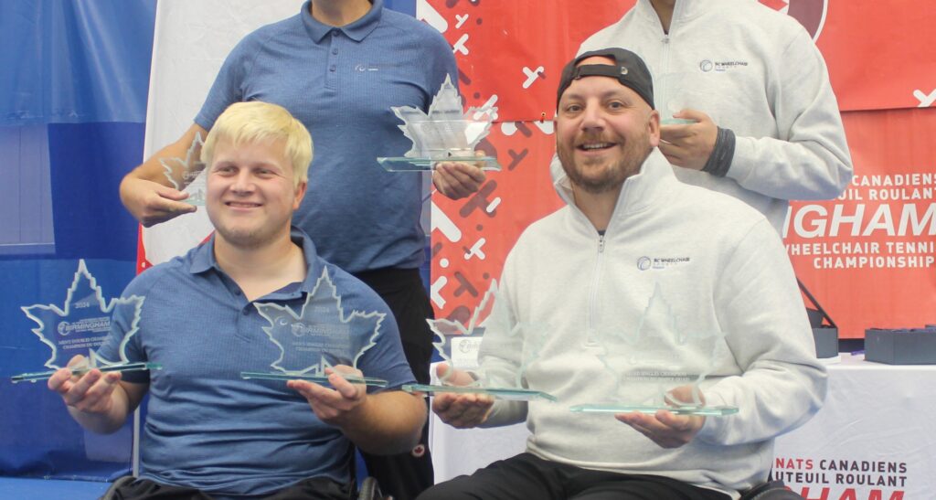 Thomas Venos (right) and Mitch McIntyre (left) hold up their trophies at the Birmingham Nationals. Frédérique Bérubé-Perron won the women's singles.