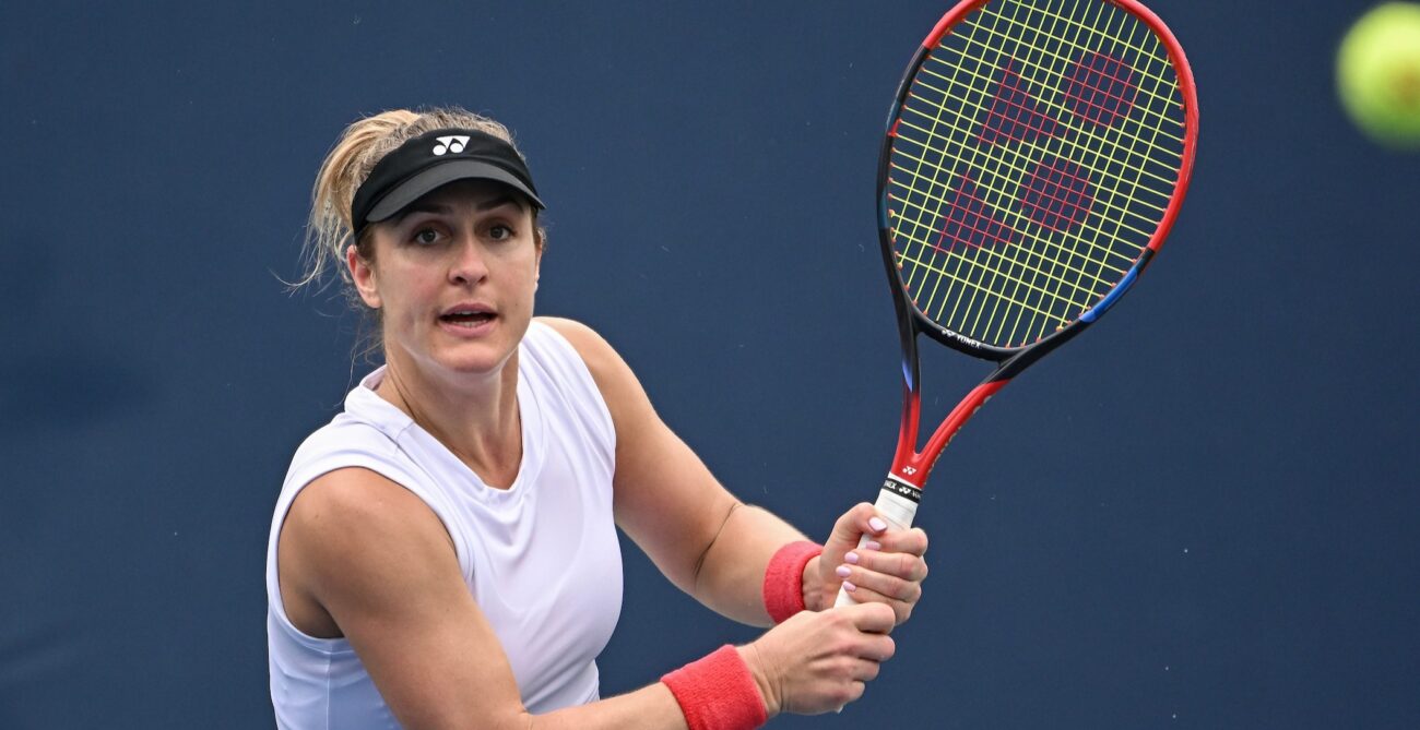 Gabriela Dabrowski looks at a ball and winds up to hit it. She and Erin Routliffe are the second seeds at the WTA Finals this week.
