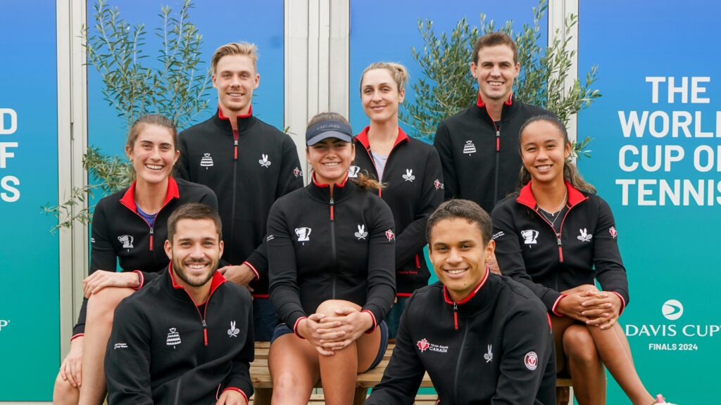 The Canadian Davis Cup and Billie Jean King Cup teams. Top row: Denis Shapovalov, Gabriela Dabrowski, Vasek Pospisil. Middle row: Rebecca Marino, Marina Stakusic, Leylah Annie Fernandez. From row: Alexis Galarneau, Gabriel Diallo. Canadian players achieved many professional milestones in 2024.