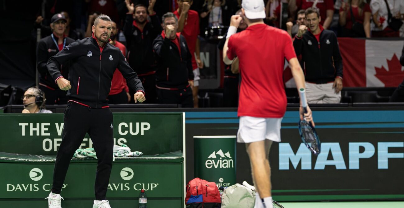 Frank Dancevic (left, facing Camera) reacts to Denis Shapovalov (right, back to camera) during Team Canada's Davis Cup Finals loss to Germany. Canada will host Hungary in Davis Cup Qualifiers in early 2025.