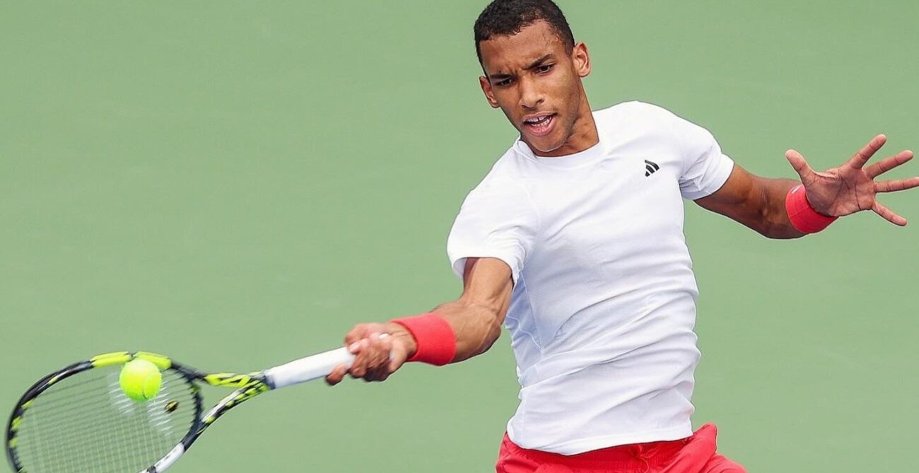 Felix Auger-Aliassime hits a forehand in Dubai. He beat Quentin Halys in the semifinals on Friday.