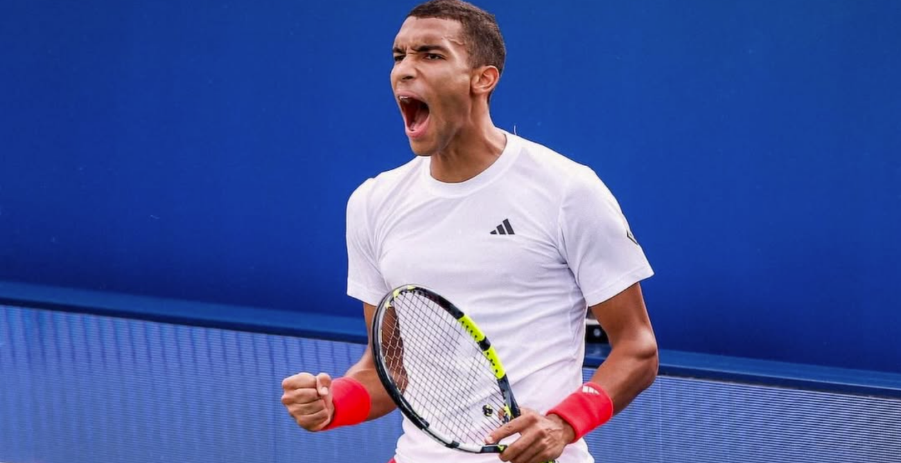 Felix Auger-Aliassime pumps his fists in Dubai. He beat Marin Cilic in the quarter-finals on Thursday.